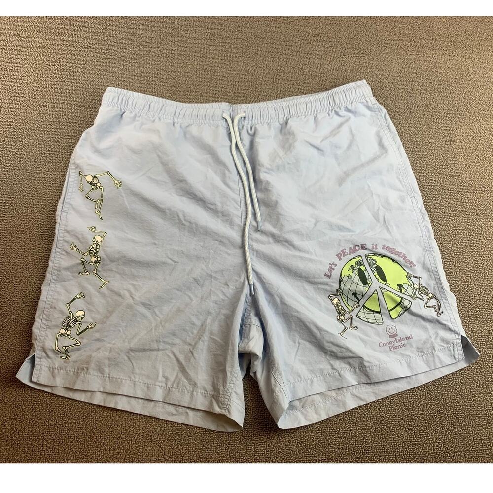 Coney Island Picnic LET'S PEACE IT TOGETHER‎ Nylon Blue Shorts - Size Large